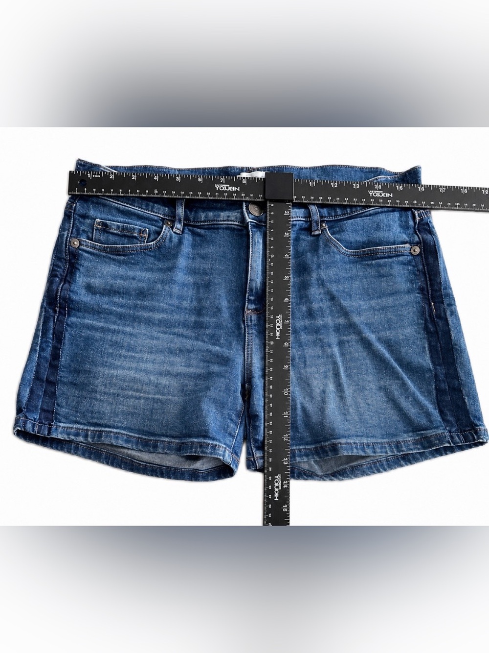 LOFT OUTLET Classic High-Rise Dark Blue Denim with Stripe Shorts - Picture 8 of 9